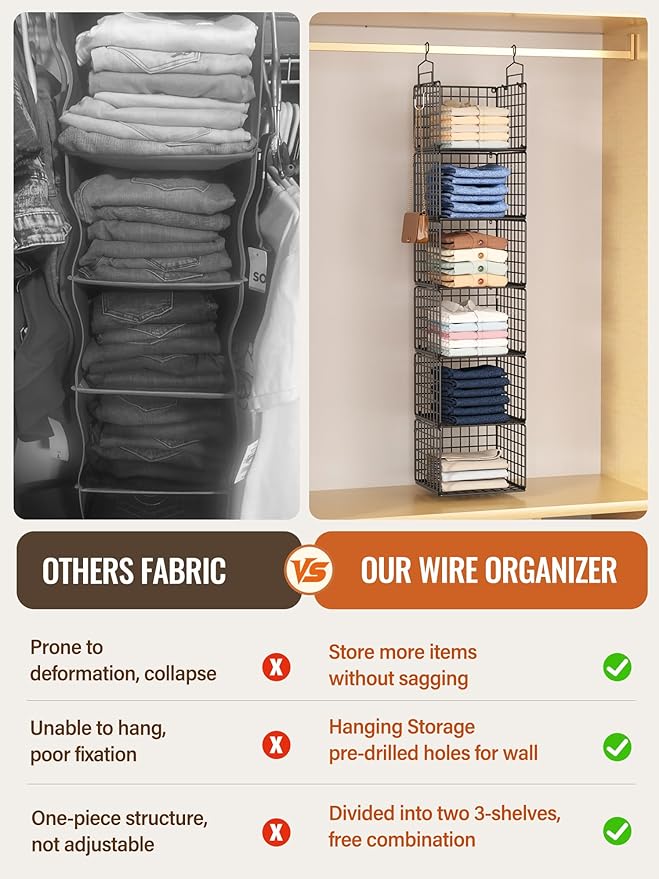 6 Tier Closet Hanging Organizer, Metal Closet Organizers and Storage with 4 Hanging Hooks 4 S-Hooks for Wardrobe Laundry Room