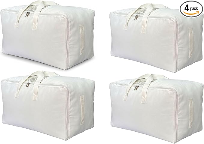 Soft Canvas Clothes Storage Bags with Four Carrying Handles and Clear Window, Closet Organizer for Clothing, Blankets Sheets 