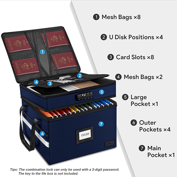 ETRONIK Fireproof Document Box with Lock, 2-Layer File Box Storage Organizer with 5 Tabs& Insert, Portable File Cabinet Stora