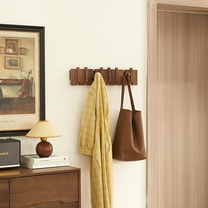 QUELLANCE Wood Coat Rack Wall Mount, Coat Hooks Hanger Wall Mounted, Heavy Duty Wall Coat Rack with 6 Hooks for Hanging Coats