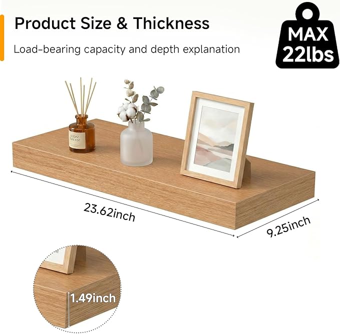 INHABIT UNION 24in Floating Shelves for Wall, Wall Mounted Shelves for Decor Storage Set of 2, Floating Shelf for Bedroom, Ba