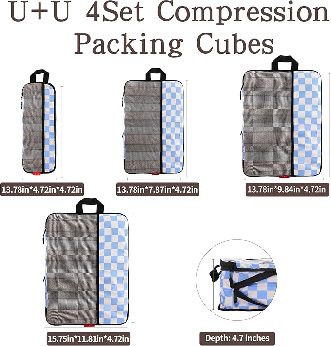 U+U 4 Set Compression Packing Cubes - Ultralight Travel Organizers, Space-Saving Suitcase Organizer, Expandable Packing Cubes
