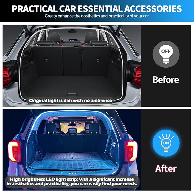 HOLDCY Car LED Strip Lights - Trunk Cargo Ambient Lighting, Ice Blue 7000K, 177.16 inches Flexible Cuttable LED Light Strip, Easy Install, Waterproof, Universal Fit for Car Trunks, SUVs, and Vans