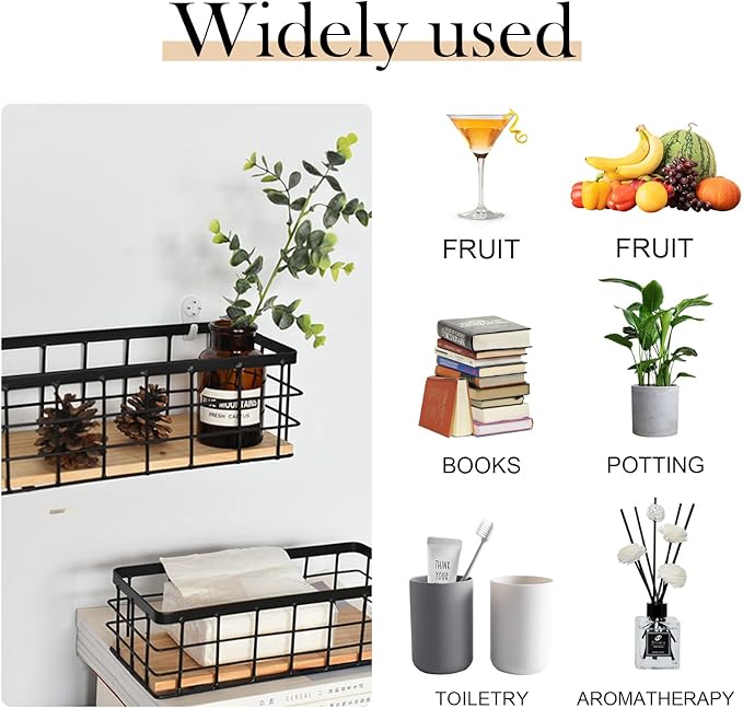 2-Pack Small Wire Baskets, Metal Wire Storage Baskets, Rustic Storage Bin Wood Base Containers Farmhouse Rectangle Organizer 