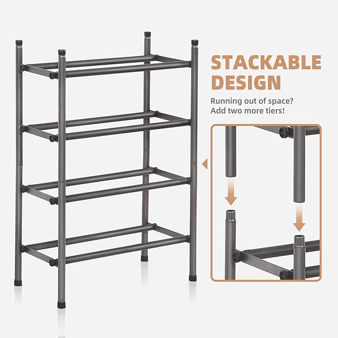 STORAGE MANIAC Expandable Shoe Rack, 8 Pairs Stackable Small Shoe Rack, Metal Adjustable Shoes Organizer for Closet, Entryway