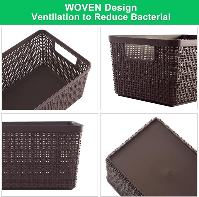 6 Pack Plastic Storage Baskets With Lids,Brown Breathable Stackable Storage Bins,Small Storage Containers,for Organizing Stor
