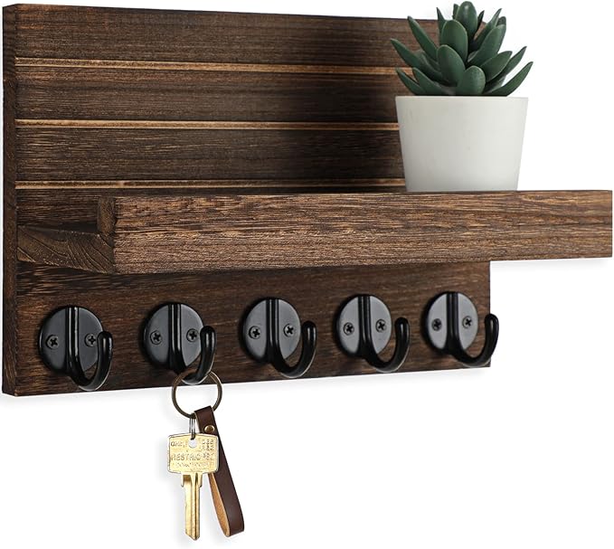 Lwenki Key Holder for Wall, Decorative Key and Mail Holder with Shelf Has Large Key Hooks for Bags, Coats – Paulownia Wood Ke