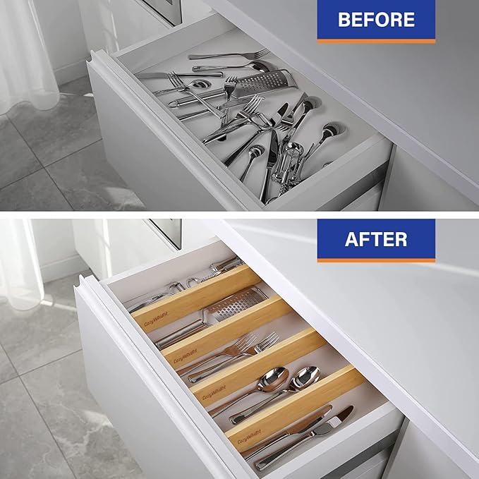 Adjustable Bamboo Drawer Dividers for Clothes, Kitchen Utensils, Office Desks, Bathroom Accessories, Socks and Underwear, and