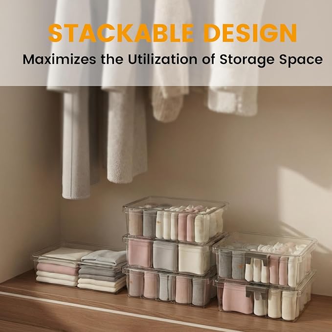 Socks Bra Underwear Drawer Organizer for Closet, 2 PCS Plastic Storage Box with 9 Removable Compartments and Lid, Clear Dress