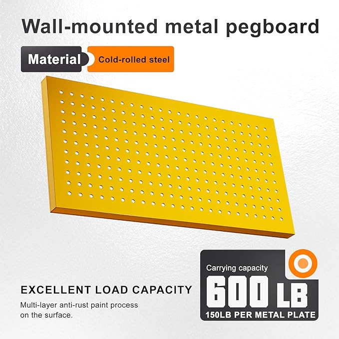 Metal Peg Board Panels for Workbench, Shop, Shed Modular Peg Board Organizer Board Kit, pegboard Wall Organizer(4 Pack, Yello