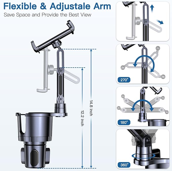Cup Holder Phone Tablet Mount, 2 in 1 Car Cup Holder with Expander Adjustable Long Arm for Car,360°Rotation Phone Tablet Mount Compatible for iPad, All Smartphones and Most Bottles