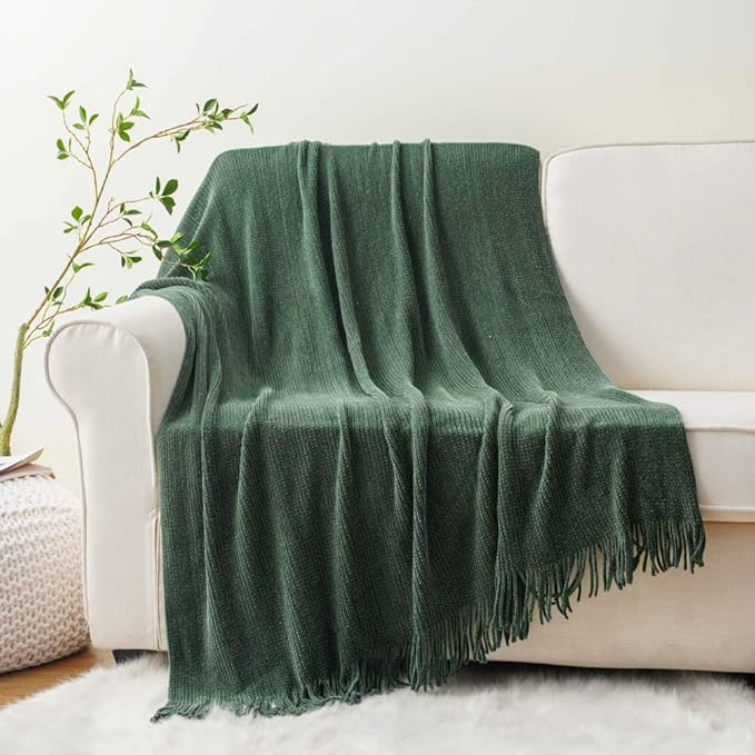 BATTILO HOME Dark Green Throw Blanket for Couch, Soft Chenille Knit Throws with Tassels for Home Decor, Spring Green Throws f