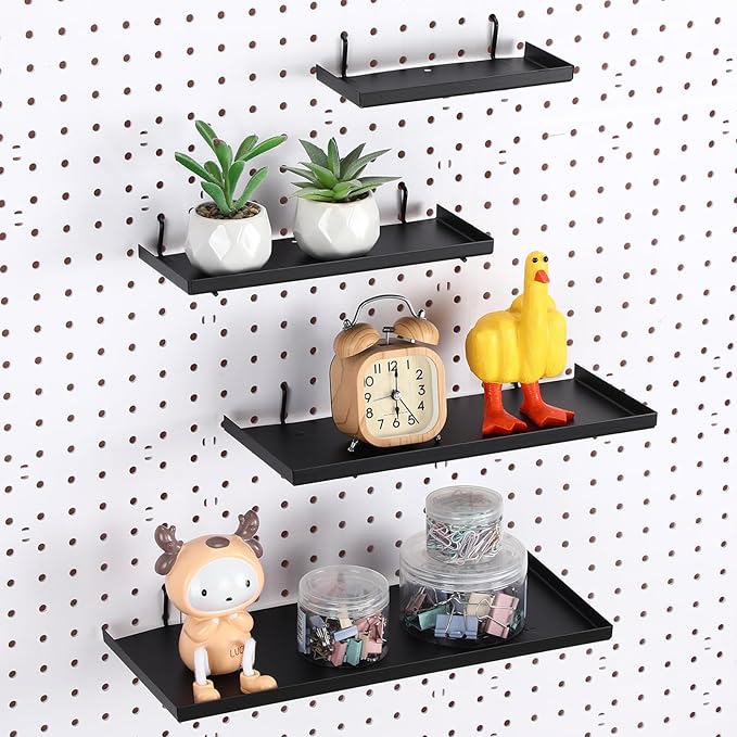 Lineshading 4 Pcs Pegboard Shelves, 7X 3'', 10 x 4'', 12 x 5 Inch, 14 x 6 Inch Metal Shelf Brackets Pegboard Tray Accessories