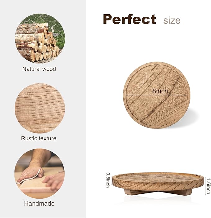 Round Decorative Tray Wood Bathroom Counter Organizer Farmhouse Kitchen Decor Wooden Riser for Soap Dish, Perfume, Candle, Sp