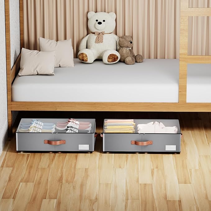 Under bed Storage With Wheels,Large Capacity 7.5 inches Height Storage Bins,Rolling Under bed Shoe Storage Containers,Under b