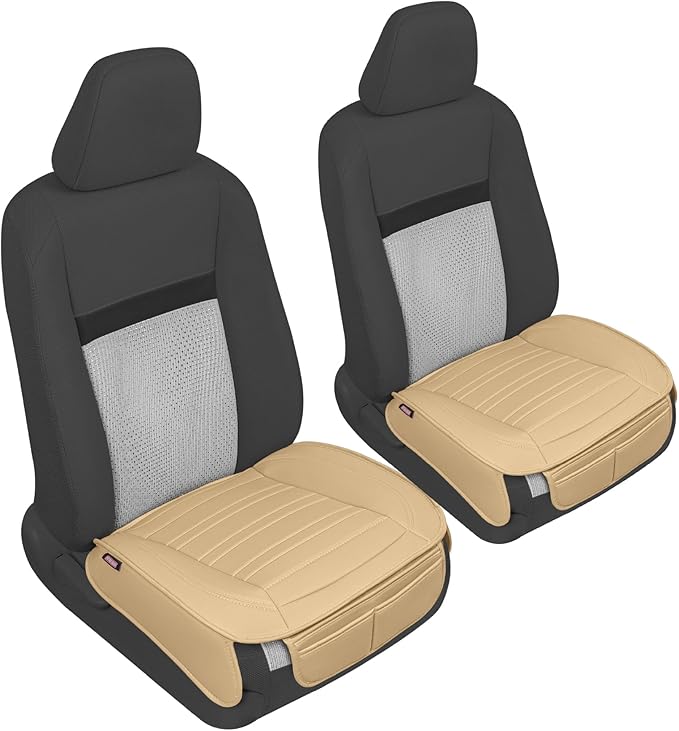 Motor Trend Seat Covers for Cars Trucks SUV, Faux Leather Beige Padded Seat Covers with Storage Pockets, Premium Interior Car