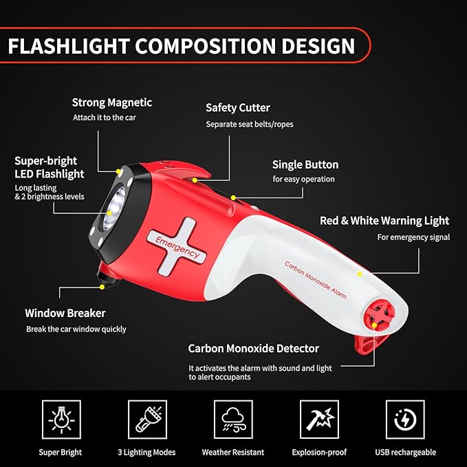 6-in-1 Multifunctional Emergency Tool, Flashlight with CO Detector, Window Breaker, Seat Belt Cutter, Red/White LED Warning L