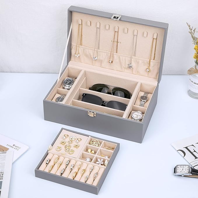 LANDICI Jewelry Box Organizer for Men Women, 2 Layer 4 Slot Watch Storage Case with Removable Tray, PU Leather Large Jeweller
