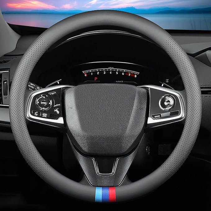 Car Leather Steering Wheel Cover - Panapi Material, Universal 14.5-15 Inch Leather Anti-Slip Breathable Auto Steering Wheel C