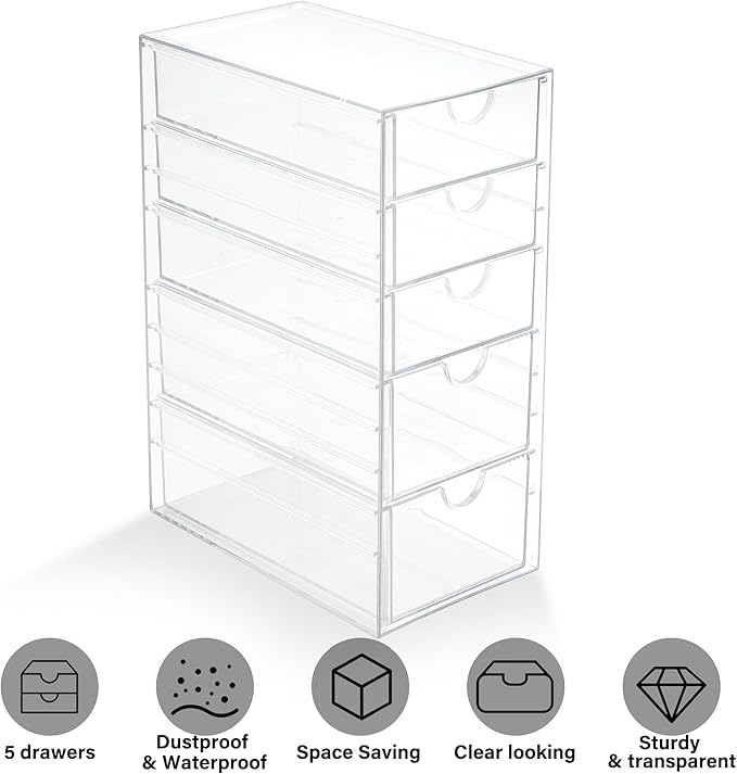 Prsildan Acrylic Drawer Makeup Organizer with 5 Drawers, Hair Accessories Organizer, Office Desk Organization, Clear Stackabl