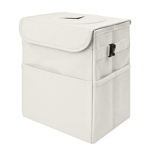 Car Trash Can Bin with Lid - Collapsible Car Garbage Can with Storage Pockets-Beige Mini Leakproof Vehicle Trash Bag-Small Automotive Organizers and Storage for Back/Front Seat SUV Truck Accessories