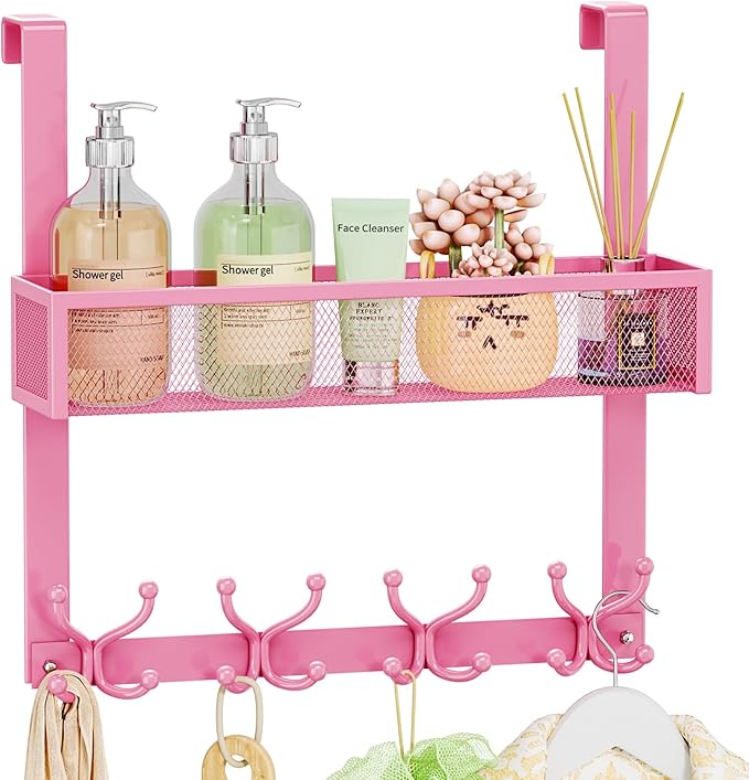 SWTYMIKI Over The Door Hook with 16 Hooks & Mesh Baskets - Heavy Duty Over The Door Organizer Hanger for Towels, Coats, Cloth