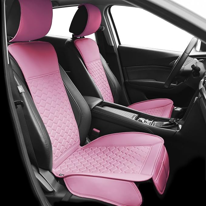 Elantrip 2PCS Front Car Seat Covers Pink Leather Auto for Women Airbag Compatible Diamond Pattern PU Seat Cover Universal Fit