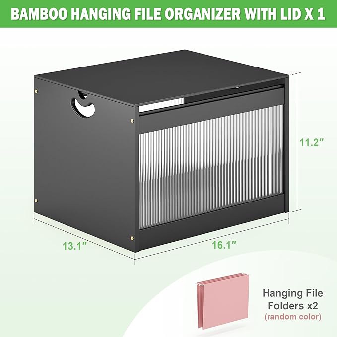 Hanging File Box Organizer for Letter Size, Bamboo Acrylic File Folder Storage with Lid Clear Moving Boxes Wooden with Handle