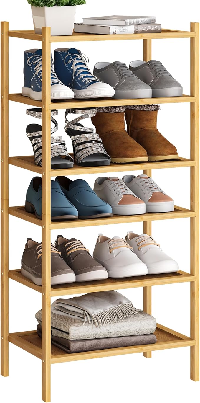 BMOSU 6-Tier Bamboo Small Shoe Rack Premium Stackable Shoe Shelf Storage Organizer for Hallway Closet Living Room Entryway Or