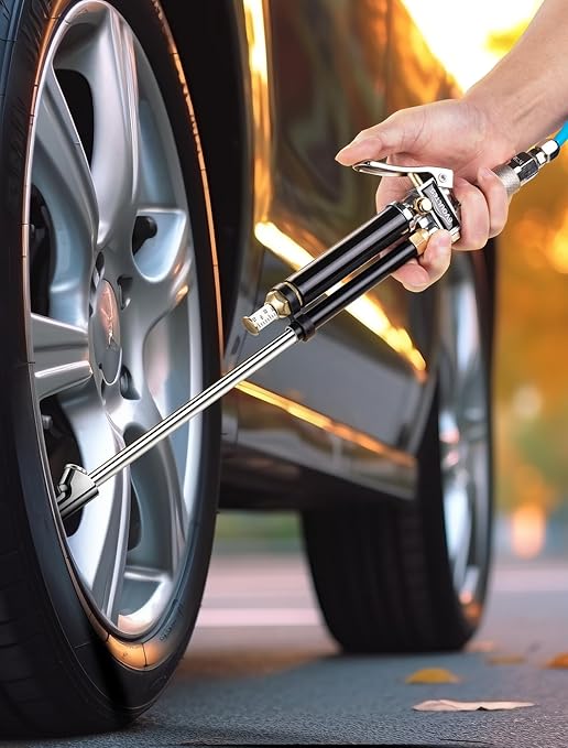 Heavy Duty Tire Inflator with Pressure Gauge, 16.5 Inch Extended Dual Head Air Chuck with Pressure Gauge, 10-120 PSI, Semi Truck Tire Chuck for Rv Car Air Compressor Accessories
