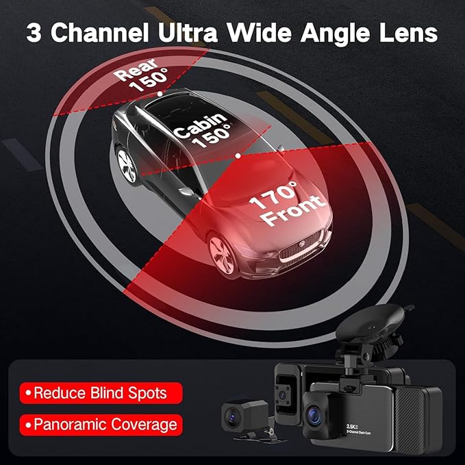 3 Channel Dash Cam Front and Rear Inside, 2.5K Dash Cam, APP Control, Night Vision, 3" IPS Screen, Built-in Wi-Fi, G-Sensor, 