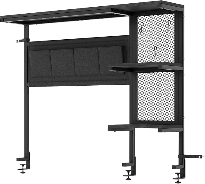 Clamp on Desk Shelf with Pegboard, Above Desk 3-Tier Extender Shelf, Desktop Bookshelf with Hooks, Desktop Organizer for Offi