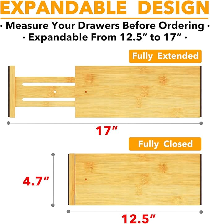 SpaceAid Bamboo Dresser Drawer Dividers 6 Pack, 4.65“ High Adjustable 12.5“-17” Drawer Organizers, Expandable Organization fo