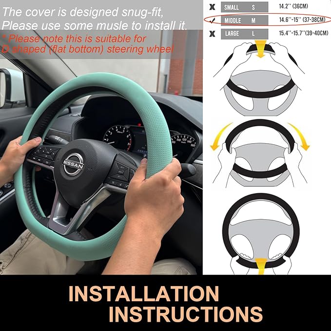 PINCTROT D Shaped Nappa Leather Steering Wheel Cover, Slim Fit No Bulk Design, One Piece Leather with Breathable Perforation,