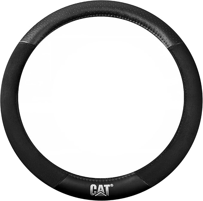 Cat® Steering Wheel Cover - Suede/PU Leather Black/Gray w/Chrome Logo, Durable & Comfortable with Advanced Grip, Car Steering Wheel Cover for Auto Truck Van SUV - Standard 14.5" - 15 Inches