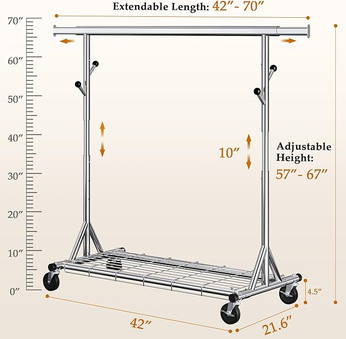 Gewudraw Heavy Duty Clothes Rack Load 630 lbs, Metal Rolling Clothing Rack With Sturdy Wheel And Shelves, Adjustable Portable