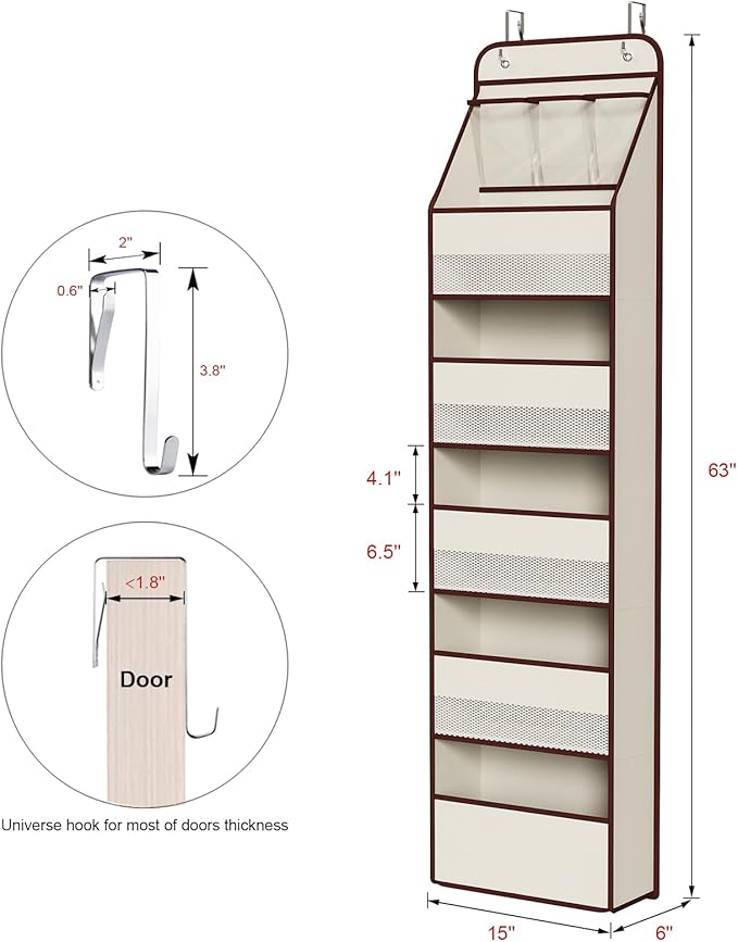 Univivi 6-Shelf Over Door Hanging Organizer Fabric Baby Door Storage with 5 Large Pockets and 3 Small PVC Pockets Wall Mount 