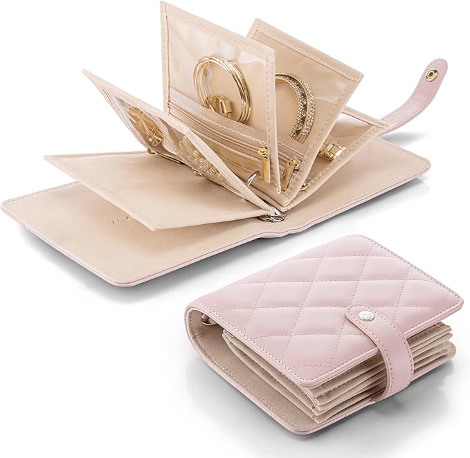 Vlando Travel Jewelry Organizer Case,Travel Gifts for Women,Portable Jewelry Storage Book Ring Binder with Clear Zipper Velve