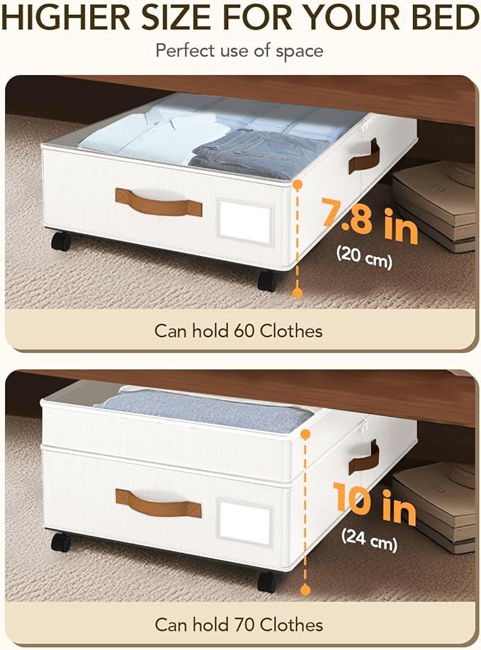 Under Bed Storage with Wheels, 10 inches Under Bed Storage Containers, 65L XXL Large Adjustable Underbed with Lids, Rolling U
