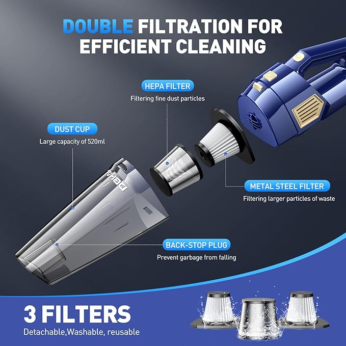 Handheld Vacuum Cordless, 15000PA Powerful Suction Car Vacuum Cleaner Lightweight with Multi Accessories, Hand held Vacuum Cl