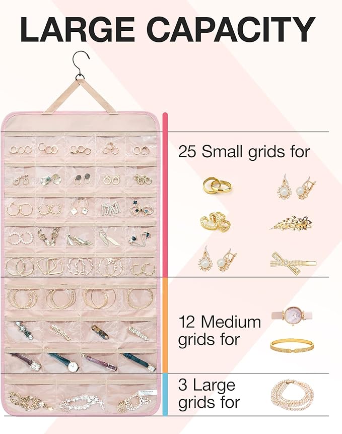 BAGSMART Hanging Jewelry Organizer Storage Roll with Hanger Metal Hooks Double-Sided Jewelry Holder for Earrings, Necklaces, 