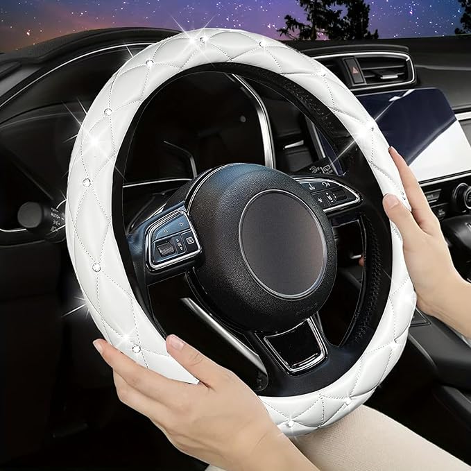 SuperKaKa Steering Wheel Cover, Auto Cute PU Diamond Bling Breathable Soft Comfort Leather Car Interior Accessories Sparkly F