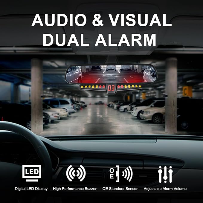 Promata PS02 Car Rear Parking Sensor Kit with Buzzer,4 58KHz OE Standard Sensors,Auto Tow-Bar Recognition and Self Test Funct