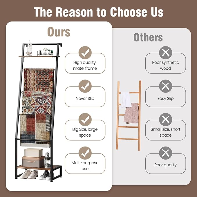 Nuoex Blanket Ladder with Shelf, 6 Layer Wall-Leaning Blanket Rack, Farmhouse Blanket Shelf for Storage and Home Decor, Frees