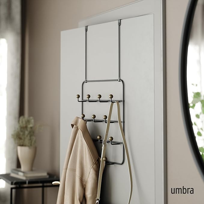 Umbra Estique Over The Door Coat Rack & Multi-Use Organizer, for Coats, Bags, Hats & More, Black/Walnut