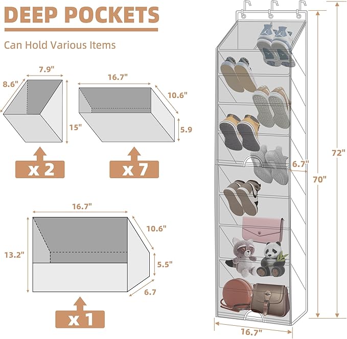 STORAGE MANIAC Over the Door Shoe Organizer with Curtain Dustproof Heavy-Duty Large Deep Pocket Hanging Shoe Organizer for Cl