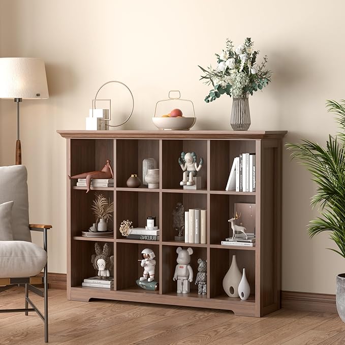 OSCHF Cube Shelf Bookcase with Base - Wooden 3 Tiers Floor Standing Low Storage Cabinet for Home and Office, 12-Cube Lattice 