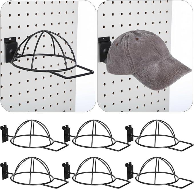 6 Pcs Metal Hat Display and Holder, Wall Mounted Slatwall Rack Organizer for Baseball Caps, Beanies, Wigs, for Home and Retai