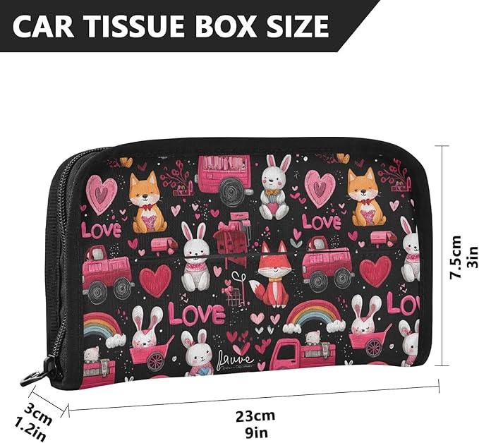 Car Tissue Holder Car Visor Organizer Tissue Box Holder for Car Sun Visor Organizer with Car Vehicle Accessories Essentials Interior for Women Men Valentines Fox Bunny Cars Black