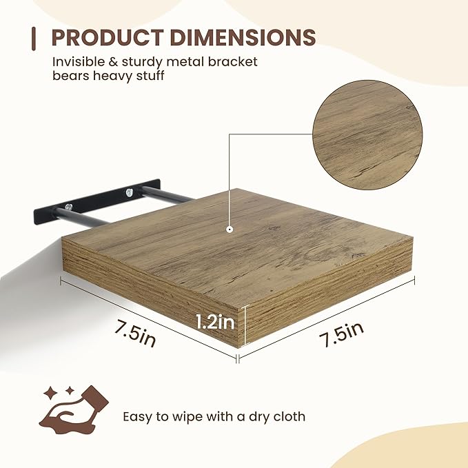 Fun Memories Square Floating Shelves for Wall - 9.3 Inch Deep Floating Shelves with Invisible Brackets, Grey Small Wall Shelf